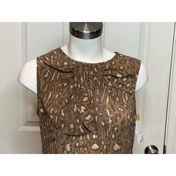 BCBG Max Azria Light Brown Leopard Print Silk Ruffle Sheer Sleeveless Top Size M - Picture 2 of 9